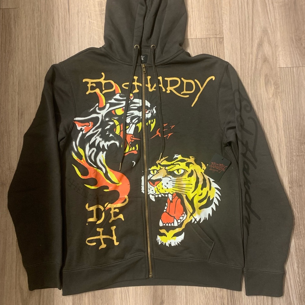 Ed Hardy Black Hoodie with Fierce Animal Graphics